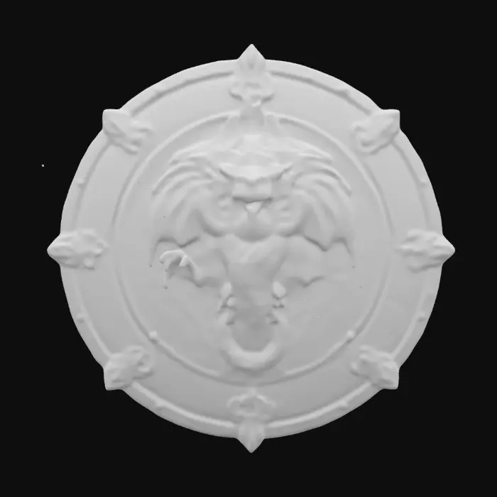 3D model for Dragon  Shield cracked and weathered as if from centuries of battle emblazoned with a Dragon crest, Glowing Runes running through the thick metal etched with dark arcane symbols deeply sculpted textures tarnished iron accents claw marks across the surface imbued with a faint cursed glow hyper-realistic intricate detail cinematic fantasy lighting perfect for DND displays or collector items