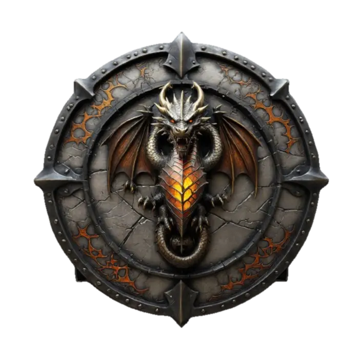 Dragon Shield cracked and weathered as if from centuries of battle emblazoned with a… - Cursed 3D model, vytvořený pomocí AI