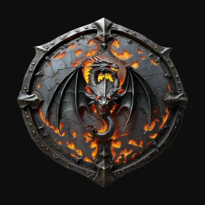 3D model for Dragon  Shield cracked and weathered as if from centuries of battle emblazoned with a Dragon crest, Glowing Runes running through the thick metal etched with dark arcane symbols deeply sculpted textures tarnished iron accents claw marks across the surface imbued with a faint cursed glow hyper-realistic intricate detail cinematic fantasy lighting perfect for DND displays or collector items