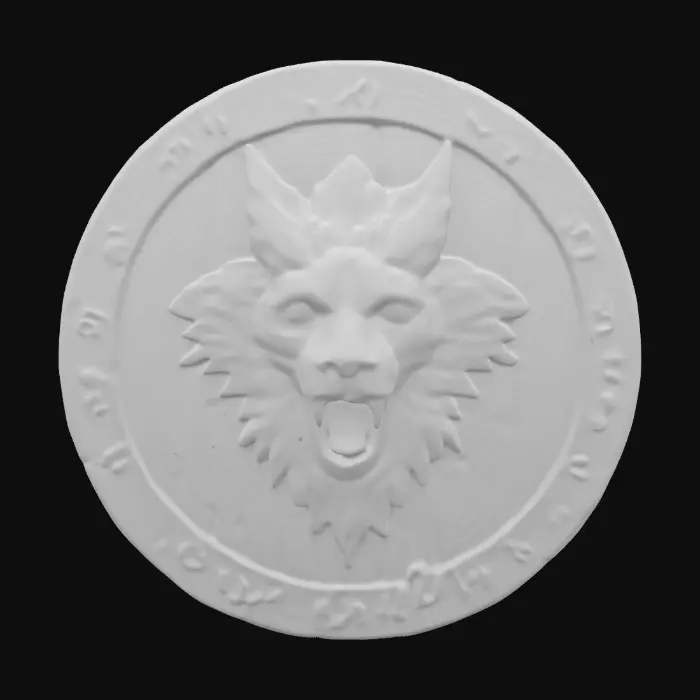 3D model for A Wolf Shield, cracked and weathered as if from centuries of battle emblazoned with a Dragon crest, Glowing Runes running through the thick metal etched with dark arcane symbols deeply sculpted textures tarnished iron accents claw marks across the surface imbued with a faint cursed glow hyper-realistic intricate detail cinematic fantasy lighting perfect for DND displays or collector items