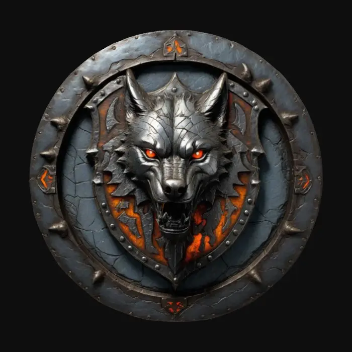 3D model for A Wolf Shield, cracked and weathered as if from centuries of battle emblazoned with a Dragon crest, Glowing Runes running through the thick metal etched with dark arcane symbols deeply sculpted textures tarnished iron accents claw marks across the surface imbued with a faint cursed glow hyper-realistic intricate detail cinematic fantasy lighting perfect for DND displays or collector items