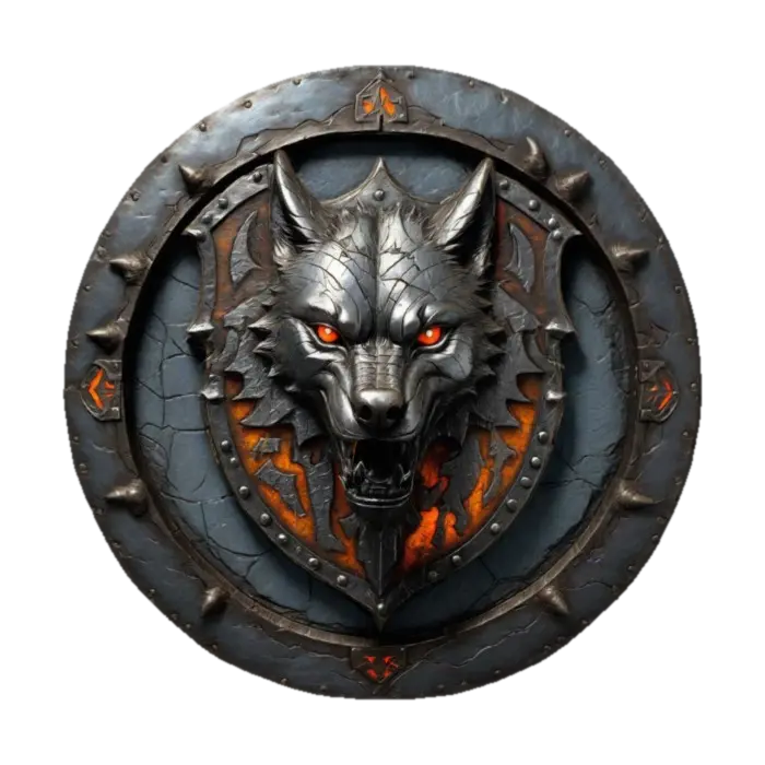 A Wolf Shield, cracked and weathered as if from centuries of battle emblazoned with… - Cursed 3D model, vytvořený pomocí AI