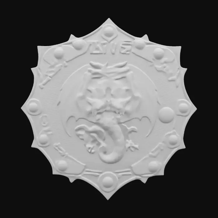 3D model for A Wolf Shield, cracked and weathered as if from centuries of battle emblazoned with a Dragon crest, Glowing Runes running through the thick metal etched with dark arcane symbols deeply sculpted textures tarnished iron accents claw marks across the surface imbued with a faint cursed glow hyper-realistic intricate detail cinematic fantasy lighting perfect for DND displays or collector items