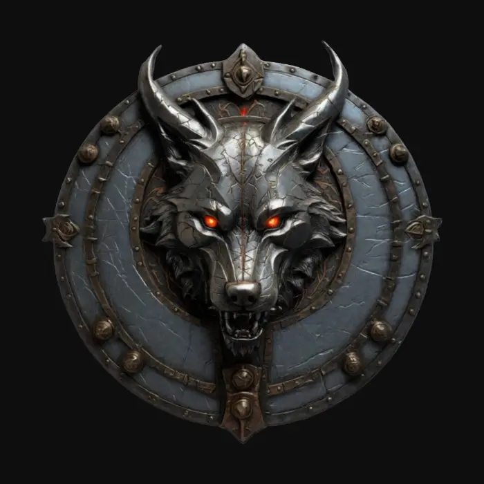 3D model for A Wolf Shield, cracked and weathered as if from centuries of battle emblazoned with a Dragon crest, Glowing Runes running through the thick metal etched with dark arcane symbols deeply sculpted textures tarnished iron accents claw marks across the surface imbued with a faint cursed glow hyper-realistic intricate detail cinematic fantasy lighting perfect for DND displays or collector items