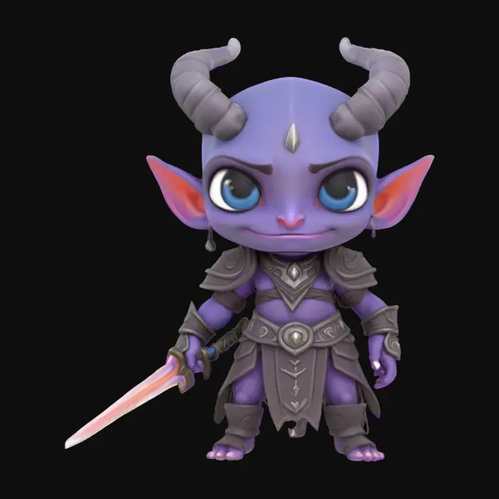3D model for A world of warcarft dark elf chibi stylized art style. dynamic pose. Highly stylized, dnd miniature ,