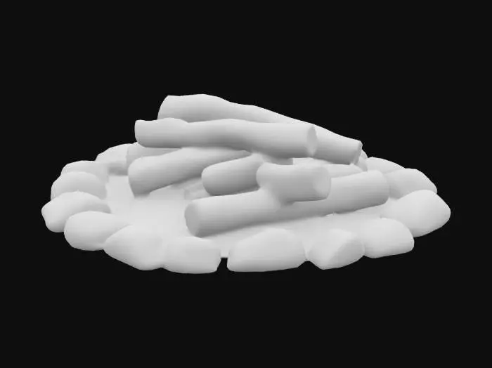 3D model for A realistic bonfire base with a circle of irregular stones. The firewood is stacked naturally, with three layers: the topmost logs are gray from heat exposure, the middle ones are blackened and charred, and the bottom ones retain their natural wood color. The logs have rough, cracked textures with some ashes around. The ground is dirt or forest floor. No flames or smoke, making it ready for a particle-based fire effect.