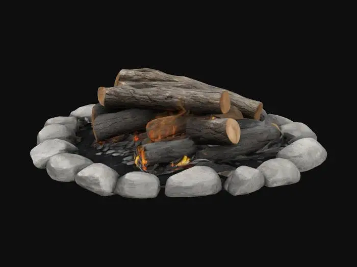 3D model for A realistic bonfire base with a circle of irregular stones. The firewood is stacked naturally, with three layers: the topmost logs are gray from heat exposure, the middle ones are blackened and charred, and the bottom ones retain their natural wood color. The logs have rough, cracked textures with some ashes around. The ground is dirt or forest floor. No flames or smoke, making it ready for a particle-based fire effect.