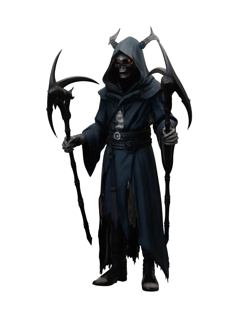 Create a menacing-looking Diablo IV-style necromancer holding a scythe in each hand… 3D model, vytvořený pomocí AI