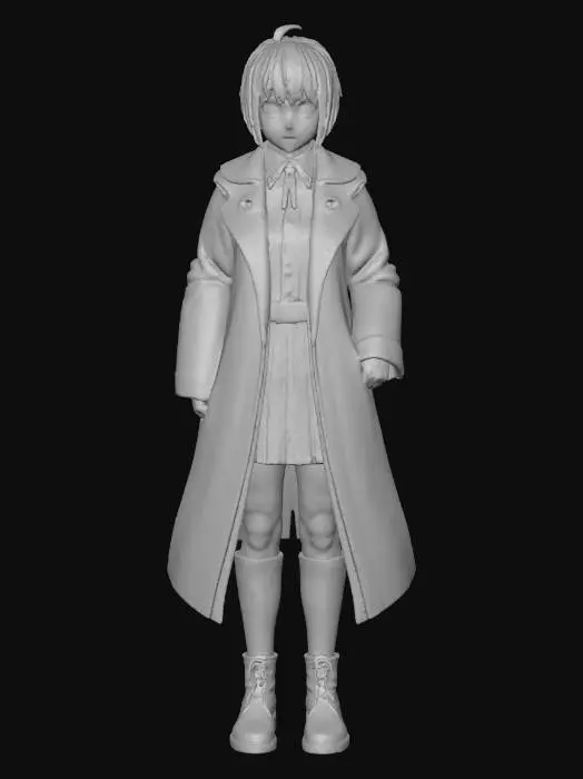 3D model for create 3d modle of a teen ager girl who is secret agent, she wear long knees shoes, long black coat, short black paint, has short bold black and brown blend hairs, wear a neck ribon, 
anime art style, tall girl