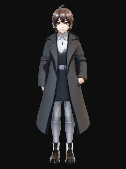 3D model for create 3d modle of a teen ager girl who is secret agent, she wear long knees shoes, long black coat, short black paint, has short bold black and brown blend hairs, wear a neck ribon, 
anime art style, tall girl