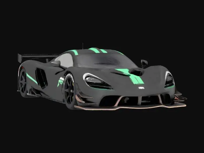 3D model for Prompt corto detallado para Tripo 3d para un auto estilo 2017 inspirado del Mclaren p1 (frontal) y Mosler Land shark(trasera), modelado por segmentos para modelado de Blender, color negro con verde oscuro y franjas de carrera, texto que diga Furia GTT, nada de exageraciones ni partes incompletas ni errores de diseño, todo totalmente acorde a como se dice sin excepción ni bultos exagerados ni partes pegadas, completamente dividido en segmentos