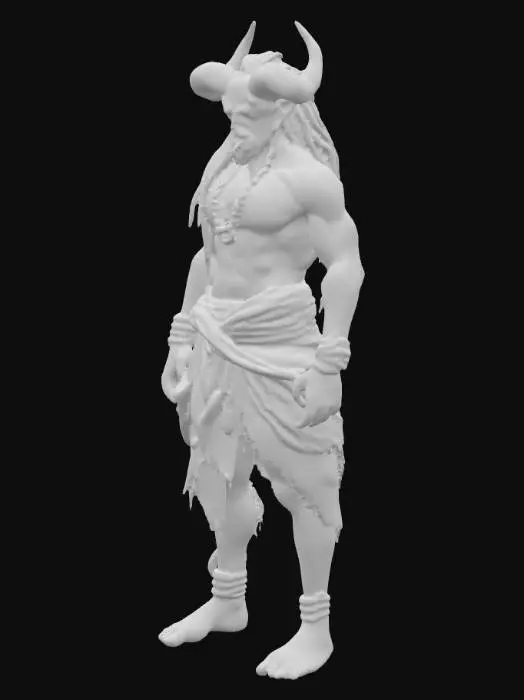 3D model for A towering male demon with broad shoulders and a muscular body, standing in a powerful stance. He has long braided hair (thick, reaching his waist) with strands coming loose, giving a wild appearance. His eyes glow fiery red, and he has sharp tusk-like teeth. He wears a traditional dhoti, rugged and slightly torn, wrapped around his waist. Across his chest runs a sacred thread (yajnopavita), old and frayed. His skin is ashen-dark with subtle cracks, and his veins are faintly glowing, hinting at inner fire. His arms and chest are strong and detailed with muscle definition. Add rudraksha beads on his wrist and neck, and faint ashes smeared on his forehead. His aura should feel intimidating and supernatural — like smoke or faint flames surrounding him