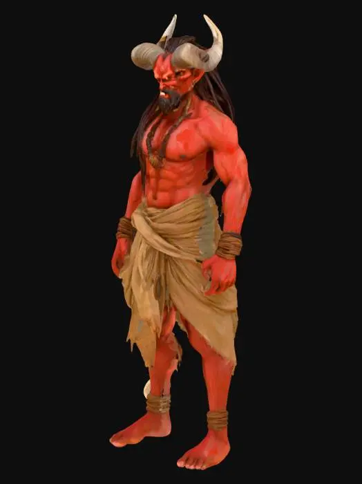 3D model for A towering male demon with broad shoulders and a muscular body, standing in a powerful stance. He has long braided hair (thick, reaching his waist) with strands coming loose, giving a wild appearance. His eyes glow fiery red, and he has sharp tusk-like teeth. He wears a traditional dhoti, rugged and slightly torn, wrapped around his waist. Across his chest runs a sacred thread (yajnopavita), old and frayed. His skin is ashen-dark with subtle cracks, and his veins are faintly glowing, hinting at inner fire. His arms and chest are strong and detailed with muscle definition. Add rudraksha beads on his wrist and neck, and faint ashes smeared on his forehead. His aura should feel intimidating and supernatural — like smoke or faint flames surrounding him