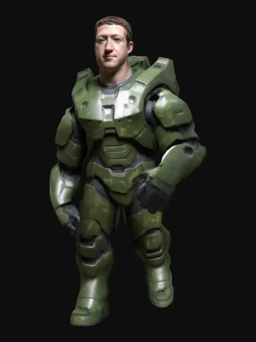 3D model for Mark Zuckerberg in camo-green Halo Spartan armor, full body armor no helmet, curly hair, Halo Master Chief style armor, Pixar style Mark Zuckerberg head, highly-detailed, realistic lighting & shadows, masterpiece
