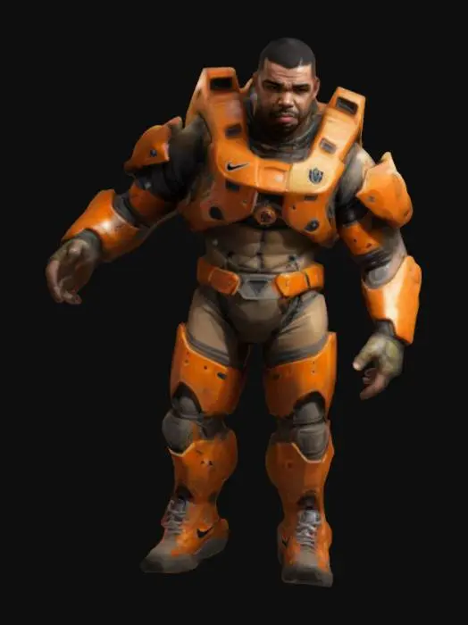 3D model for An unggoy / Grunt from the Halo series with the human head & face of rapper Drake / Aubrey Graham, photorealistic, lifelike, highly-detailed, game-ready, realistic lighting & shadows. the grunt has orange accent coloring, denoting its low rank