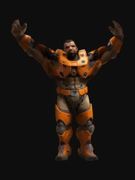 3D model for An unggoy / Grunt from the Halo series with the human head & face of rapper Drake / Aubrey Graham, photorealistic, lifelike, highly-detailed, game-ready, realistic lighting & shadows. the grunt has orange accent coloring, denoting its low rank