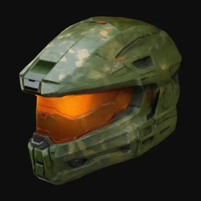 3D model for camo-green Halo Spartan helmet, Halo Master Chief style, highly-detailed, realistic lighting & shadows, masterpiece. orange reflective glass face shield
