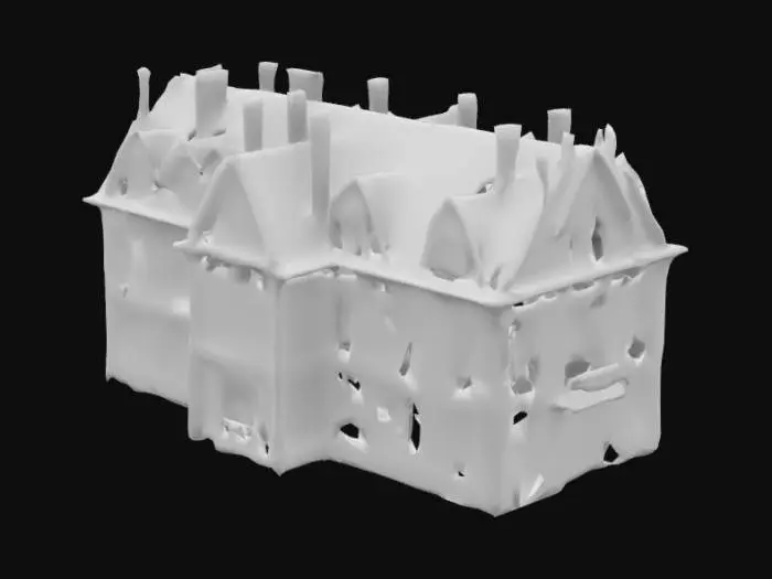 3D model for Design a multi-story row house nestled in a fantastical city. The building’s exterior is a patchwork of mismatched stone and timber, with sagging rooftops and crooked chimneys. Its facade is adorned with faded murals, while iron lanterns hang above a narrow, arched doorway. Windows of stained glass glimmer faintly, hinting at secrets within. The structure leans slightly, as if warped by the city’s strange magic, and vines creep up its sides, blending the natural with the arcane.