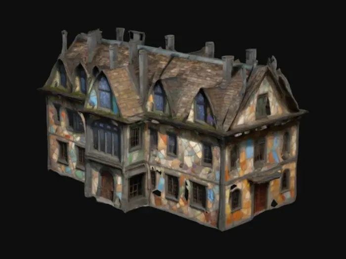 3D model for Design a multi-story row house nestled in a fantastical city. The building’s exterior is a patchwork of mismatched stone and timber, with sagging rooftops and crooked chimneys. Its facade is adorned with faded murals, while iron lanterns hang above a narrow, arched doorway. Windows of stained glass glimmer faintly, hinting at secrets within. The structure leans slightly, as if warped by the city’s strange magic, and vines creep up its sides, blending the natural with the arcane.