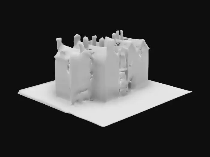 3D model for Design a multi-story row house nestled in a fantastical city. The building’s exterior is a patchwork of mismatched stone and timber, with sagging rooftops and crooked chimneys. Its facade is adorned with faded murals, while iron lanterns hang above a narrow, arched doorway. Windows of stained glass glimmer faintly, hinting at secrets within. The structure leans slightly, as if warped by the city’s strange magic, and vines creep up its sides, blending the natural with the arcane.