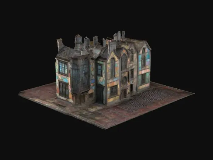 3D model for Design a multi-story row house nestled in a fantastical city. The building’s exterior is a patchwork of mismatched stone and timber, with sagging rooftops and crooked chimneys. Its facade is adorned with faded murals, while iron lanterns hang above a narrow, arched doorway. Windows of stained glass glimmer faintly, hinting at secrets within. The structure leans slightly, as if warped by the city’s strange magic, and vines creep up its sides, blending the natural with the arcane.