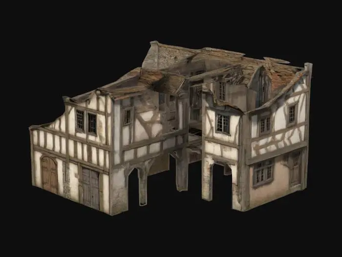 3D model for a street with tall slender townhousees in the medival era, for game assets, many different buildings with small windows and banded wooden doors, Narrow, crooked row houses, three stories tall, crumbling wattle-and-daub, exposed beams, warped doors, shattered windows. Each building leans into the next, stitched together with salvaged wood, metal, and stone. Rusted pipes.  spiked corners along the roofs, planscape torment architecture.