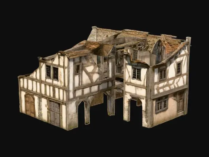 3D model for a street with tall slender townhousees in the medival era, for game assets, many different buildings with small windows and banded wooden doors, Narrow, crooked row houses, three stories tall, crumbling wattle-and-daub, exposed beams, warped doors, shattered windows. Each building leans into the next, stitched together with salvaged wood, metal, and stone. Rusted pipes.  spiked corners along the roofs, planscape torment architecture.