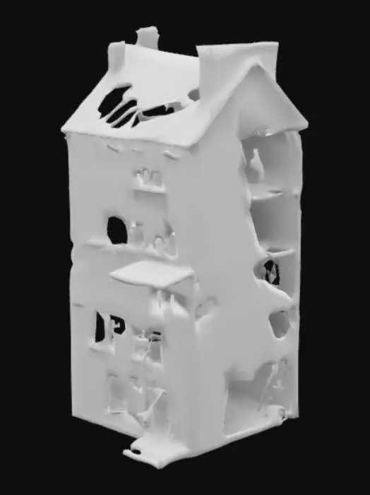 3D model for Medieval ruined row house, Game Asset, Highly Detailed, Ultra Realistic, 3 stories, narrow, leaning, packed tightly, rare alleys too narrow for a man, broken roof, sagging beams, cracked bricks, warped planks, missing doors, shattered windows, makeshift ladders, crude rope bridges, moss, soot stains, no modern, no clean edges, no sci-fi, game-ready