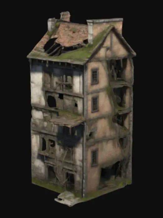 3D model for Medieval ruined row house, Game Asset, Highly Detailed, Ultra Realistic, 3 stories, narrow, leaning, packed tightly, rare alleys too narrow for a man, broken roof, sagging beams, cracked bricks, warped planks, missing doors, shattered windows, makeshift ladders, crude rope bridges, moss, soot stains, no modern, no clean edges, no sci-fi, game-ready