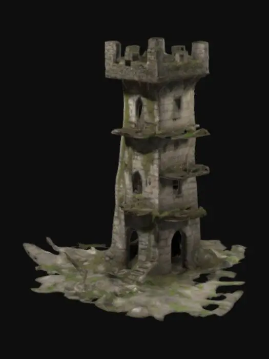 3D model for "Tall, narrow medieval tower squeezed between leaning buildings, half-collapsed upper floor, stone walls cracked and moss-covered, small tunnels dug into its base, makeshift wooden platforms connecting to adjacent rooftops, claw scratches along the stone, banners made of old rags, crude torch holders, scattered bones and debris, eerie and decrepit, game-ready
