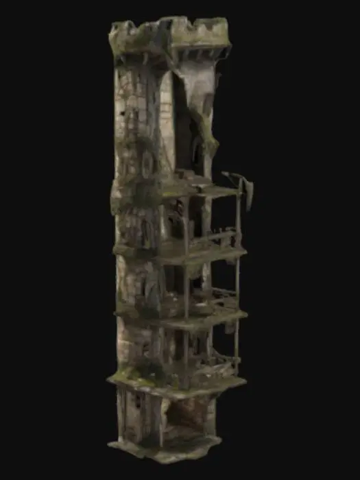 3D model for "Tall, narrow medieval tower squeezed between leaning buildings, half-collapsed upper floor, stone walls cracked and moss-covered, small tunnels dug into its base, makeshift wooden platforms connecting to adjacent rooftops, claw scratches along the stone, banners made of old rags, crude torch holders, scattered bones and debris, eerie and decrepit, game-ready