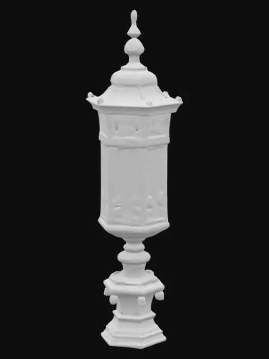 3D model for Create a highly detailed, authentic Victorian-era street lamp. The lamp should feature ornate ironwork with intricate floral and geometric patterns. The lamp post is tall, slender, and elegantly curved with decorative base and top. The lamp head has a glass casing with a warm, inviting glow emanating from within.