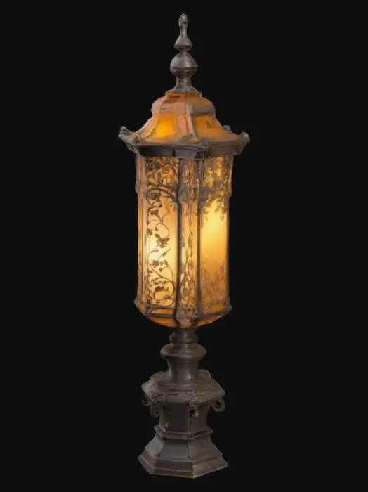 3D model for Create a highly detailed, authentic Victorian-era street lamp. The lamp should feature ornate ironwork with intricate floral and geometric patterns. The lamp post is tall, slender, and elegantly curved with decorative base and top. The lamp head has a glass casing with a warm, inviting glow emanating from within.