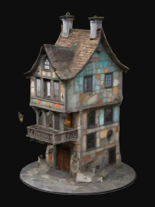 3D model for Design a multi-story row house nestled in a fantastical city. The building’s exterior is a patchwork of mismatched stone and timber, with sagging rooftops and crooked chimneys. Its facade is adorned with faded murals, while iron lanterns hang above a narrow, arched doorway. Windows of stained glass glimmer faintly, hinting at secrets within. The structure leans slightly, as if warped by the city’s strange magic, and vines creep up its sides, blending the natural with the arcane.