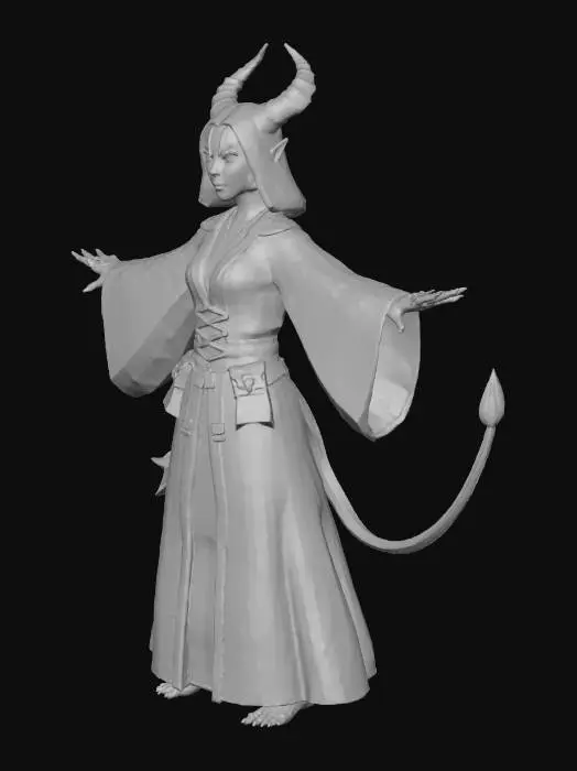 3D model for A fierce female tiefling sorcerer from a infernal bloodline in a Pathfinder 2e campaign. She has deep crimson skin, curved black horns, glowing amber eyes, sharp fangs, and a long prehensile tail with a spade tip. Long wavy black hair flows down her back. She wears tattered gothic robes with arcane runes, layered in dark purple and gold trim, revealing armored bracers and boots. In a dynamic casting pose, one hand extended with crackling fire magic, the other holding a crystal orb. Detailed facial features show determination and a sly smirk. High-poly 3D mesh with realistic textures, suitable for tabletop miniature printing.