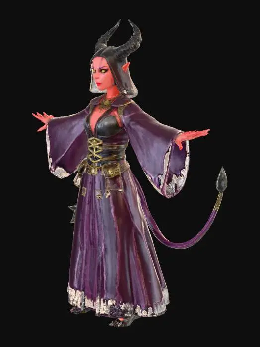 3D model for A fierce female tiefling sorcerer from a infernal bloodline in a Pathfinder 2e campaign. She has deep crimson skin, curved black horns, glowing amber eyes, sharp fangs, and a long prehensile tail with a spade tip. Long wavy black hair flows down her back. She wears tattered gothic robes with arcane runes, layered in dark purple and gold trim, revealing armored bracers and boots. In a dynamic casting pose, one hand extended with crackling fire magic, the other holding a crystal orb. Detailed facial features show determination and a sly smirk. High-poly 3D mesh with realistic textures, suitable for tabletop miniature printing.