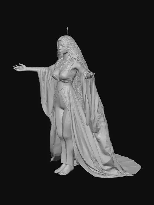 3D model for Aysterious female aasimar oracle of the stars in Pathfinder 2e. Ethereal pale-blue skin that faintly glows, silver-white hair cascading like starlight, luminous golden eyes with no pupils, delicate crystalline halo floating above her head, and feathered wings folded behind. She wears flowing celestial robes of midnight blue embroidered with constellations, layered with translucent silver veils and ornate mithral pauldrons. One hand raised to the heavens summoning spectral starlight, the other clutching a star-etched silver staff topped with a glowing prism. Serene, otherworldly expression. High-poly 3D mesh, intricate textures, ready for tabletop miniature printing.