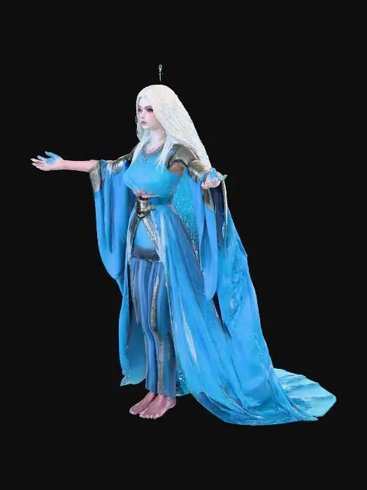 3D model for Aysterious female aasimar oracle of the stars in Pathfinder 2e. Ethereal pale-blue skin that faintly glows, silver-white hair cascading like starlight, luminous golden eyes with no pupils, delicate crystalline halo floating above her head, and feathered wings folded behind. She wears flowing celestial robes of midnight blue embroidered with constellations, layered with translucent silver veils and ornate mithral pauldrons. One hand raised to the heavens summoning spectral starlight, the other clutching a star-etched silver staff topped with a glowing prism. Serene, otherworldly expression. High-poly 3D mesh, intricate textures, ready for tabletop miniature printing.