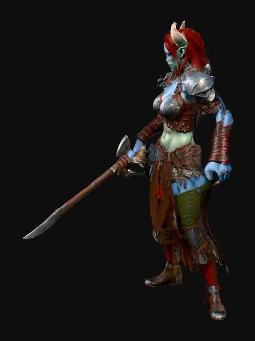 3D model for Create a highly detailed, stunning female half-orc character. The character should have a strong yet graceful build with smooth greyish-green skin, vibrant red hair cascading down her back, and piercing blue eyes. She should have soft, elegant features with just a hint of tusks. Outfitted in intricately designed leather armor adorned with tribal patterns. She wields an ornate, double-edged sword.