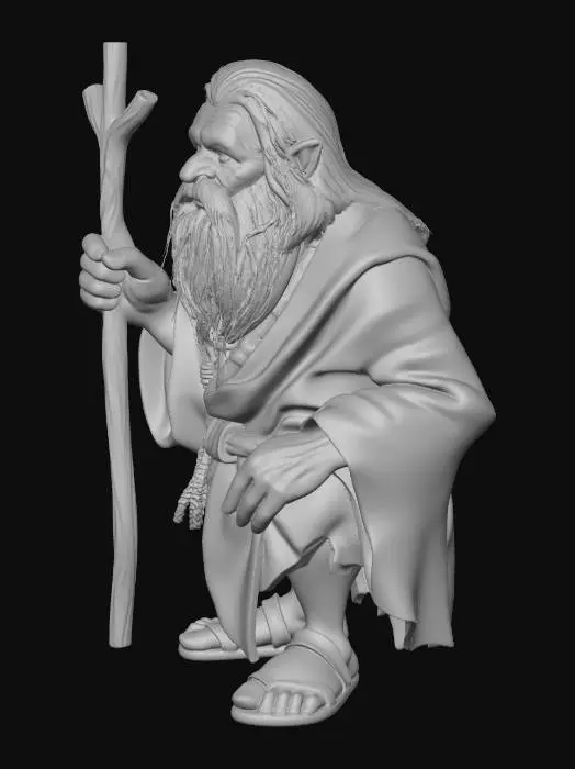 3D model for Lean and wiry, the oldest goblit, with sharper bone structure and steadier gaze than the others. Skin a deeper moss-brown, weathered by exposure. Hair long and bound in a low tail with woven reeds. He wears layered homespun and scraps of green-dyed cloth, reinforced at elbows and knees. A simple wooden holy symbol carved from garden oak hangs at his chest. Hands calloused from digging and tending roots; movements controlled and observant.