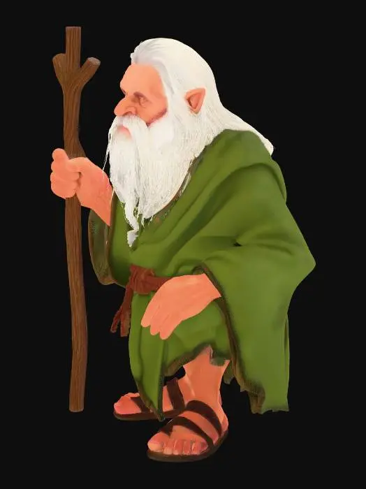 3D model for Lean and wiry, the oldest goblit, with sharper bone structure and steadier gaze than the others. Skin a deeper moss-brown, weathered by exposure. Hair long and bound in a low tail with woven reeds. He wears layered homespun and scraps of green-dyed cloth, reinforced at elbows and knees. A simple wooden holy symbol carved from garden oak hangs at his chest. Hands calloused from digging and tending roots; movements controlled and observant.