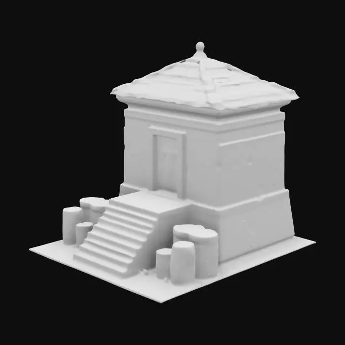 3D model for A rectangular, single-story temple of Tyr built from white brick with wooden trim and a thatched roof. The front features stone steps leading to a pair of oak doors. Inside, a modest altar with silver scales of justice, wooden pews, and stained glass windows depicting Tyr. Some roof patches show recent repairs. Small rooms for clergy with wooden cots and storage chests