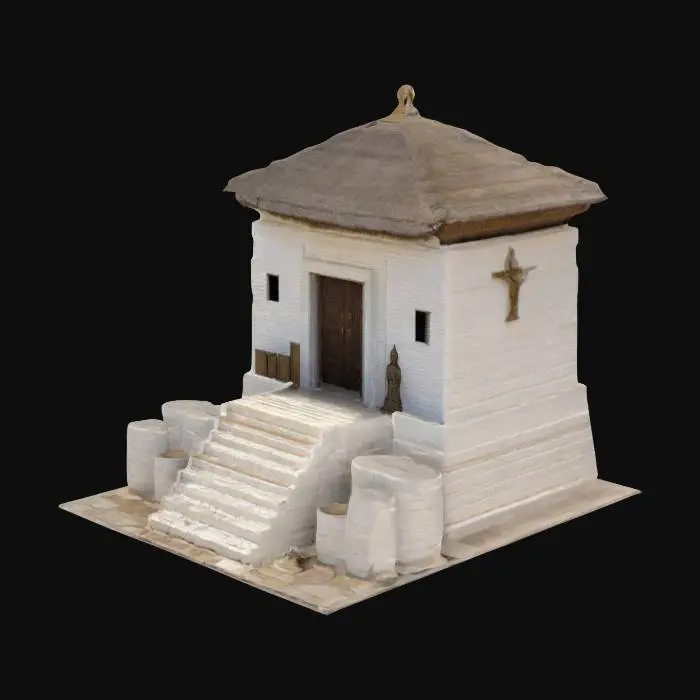 3D model for A rectangular, single-story temple of Tyr built from white brick with wooden trim and a thatched roof. The front features stone steps leading to a pair of oak doors. Inside, a modest altar with silver scales of justice, wooden pews, and stained glass windows depicting Tyr. Some roof patches show recent repairs. Small rooms for clergy with wooden cots and storage chests
