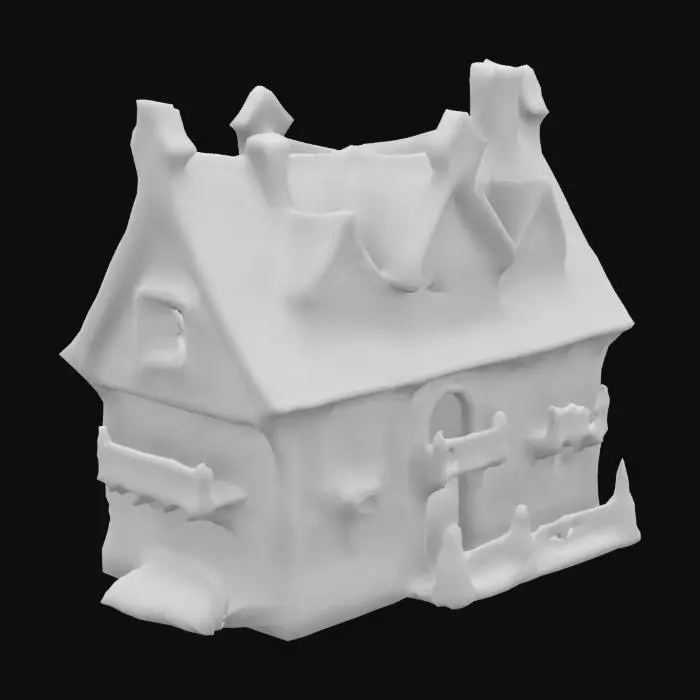 3D model for A multi-story stone building with overhanging half-timbered walls, supported by large beams extending across the narrow street. Iron spikes and bladed fences adorn its exterior, while stone gargoyles perch menacingly at each corner. Narrow, stained-glass windows depict scenes of unknown realms, and clay-bricked chimneys jut out at odd angles.