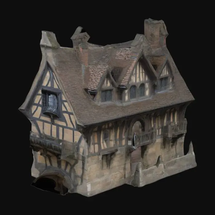3D model for A multi-story stone building with overhanging half-timbered walls, supported by large beams extending across the narrow street. Iron spikes and bladed fences adorn its exterior, while stone gargoyles perch menacingly at each corner. Narrow, stained-glass windows depict scenes of unknown realms, and clay-bricked chimneys jut out at odd angles.