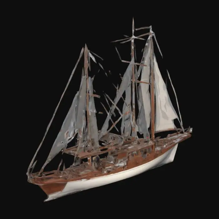 3D model for A hybridized Galway Hooker with two masts, designed for speed in rough coastal conditions. Features a sharp, sleek hull with pronounced keel, allowing it to cut through wind with greater efficiency. The boat boasts a large mainsail and jib for wind capture, combining the practicality of a traditional Galway Hooker with the speed of a clipper ship. The vessel is built for both cargo and fishing, combining form and function for fast coastal travel and stability in harsh seas.