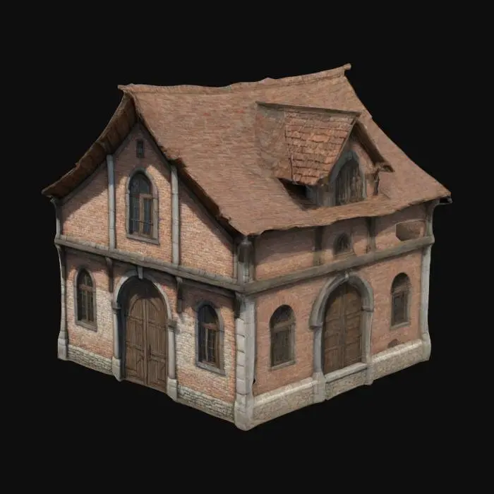3D model for Generate a 3D model of a single brick-and-stone building from civilized Phlan. The structure should show signs of recent reconstruction—patched walls, wooden reinforcements, and a mix of old and new materials. Architectural details include medieval-style arched windows, heavy wooden doors with iron reinforcements, and a slightly fortified aesthetic. The roof is wood-shingled or slate, with some signs of wear. This building is a functional tavern, shop, or guild hall, suitable for a game asset.