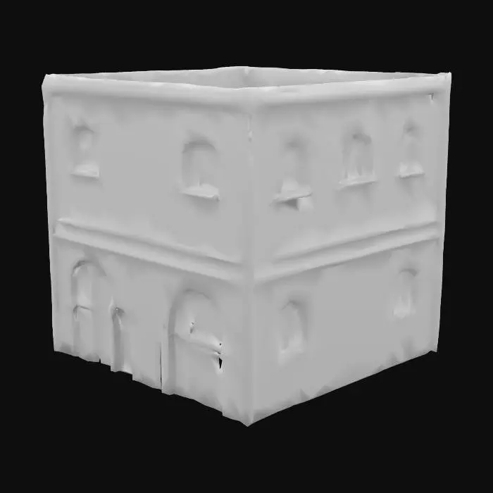 3D model for Generate a 3D model of a single brick-and-stone building from civilized Phlan. The structure should show signs of recent reconstruction—patched walls, wooden reinforcements, and a mix of old and new materials. Architectural details include medieval-style arched windows, heavy wooden doors with iron reinforcements, and a slightly fortified aesthetic. The roof is wood-shingled or slate, with some signs of wear. This building is a functional tavern, shop, or guild hall, suitable for a game asset.