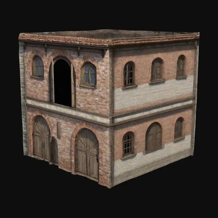 3D model for Generate a 3D model of a single brick-and-stone building from civilized Phlan. The structure should show signs of recent reconstruction—patched walls, wooden reinforcements, and a mix of old and new materials. Architectural details include medieval-style arched windows, heavy wooden doors with iron reinforcements, and a slightly fortified aesthetic. The roof is wood-shingled or slate, with some signs of wear. This building is a functional tavern, shop, or guild hall, suitable for a game asset.