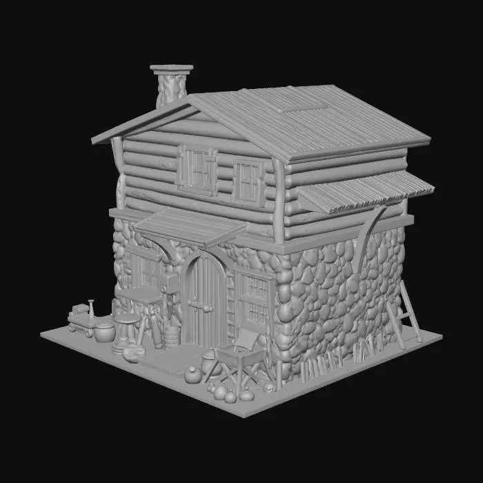 3D model for Frontier blacksmith in Civilized Phlan: 2-story forge building, stone forge base, wooden upper, slanted roof venting smoke, single wide front door for anvils, shuttered windows. Sparks and tools aesthetic. High-clarity geometry: pure quads, fully manifold exterior/interior walls/floors, sharp creases, no artifacts—Blender/3D print optimized with even edge flow for easy splitting into levels.
